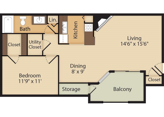 1 bedroom 1 bathroom Floor Plan B - Brookside Apartments 1 bedroom 1 bathroom Floor Plan B - Brookside Apartments
